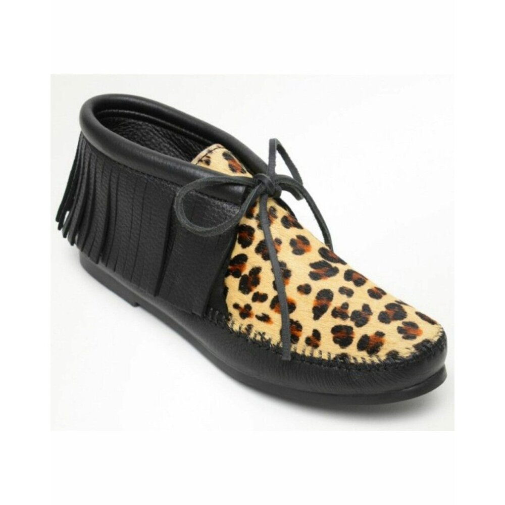 Minnetonka Women 10 Classic Fringe Leopard Deerskin Moccasin Shoes Artsy Festiva